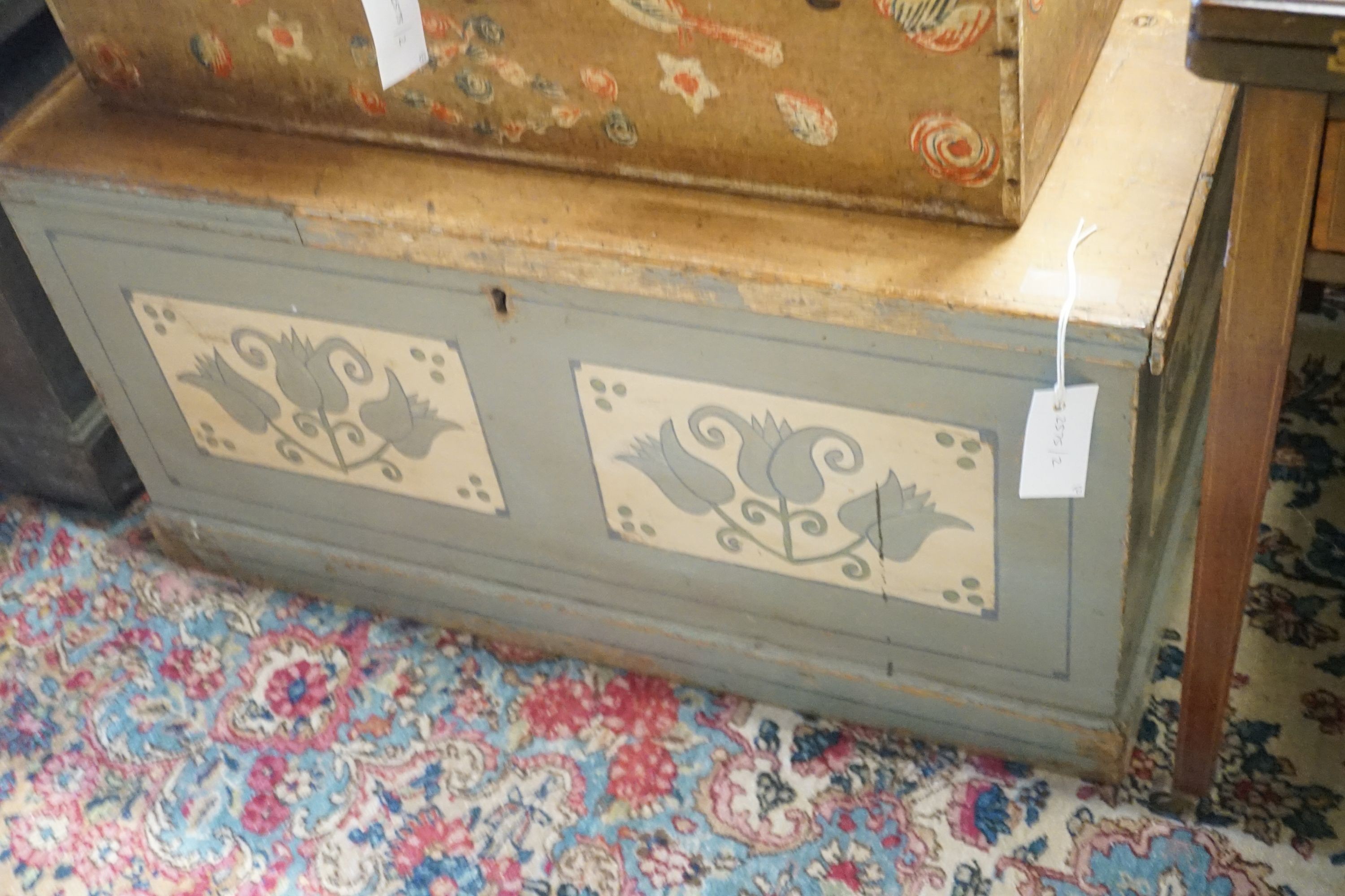 Two 19th century Swedish painted pine trunks, larger width 78cm, depth 49cm, height 40cm